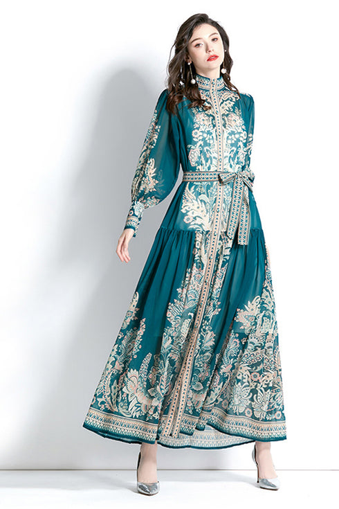 Bright & Elegant Paisley Pattern Long Puff Sleeve, Mock Neck Belted, Women's Long Modest Holiday, Party, Evening, Festive Maxi Dress